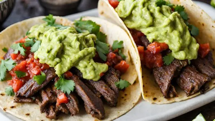 Tacos de Carne Asada con Guacamole y Salsa Roja